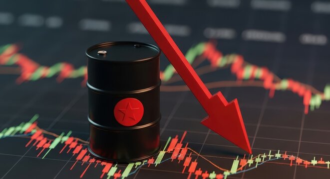 An oil barrel sits beside a downwardpointing arrow on a stock market graph, symbolizing declining oil prices