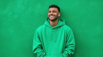 Cheerful young male with a casual green hoodie smiling broadly, standing before a vibrant green wall.