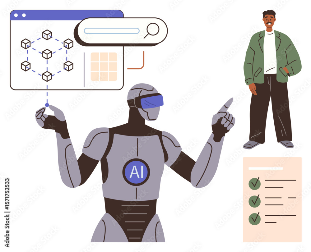 Poster robot labeled ai analyzes data networks and search screens while a person observes. checklist inclus