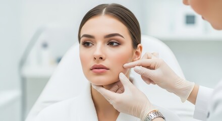 A womans face is examined during a cosmetic treatment at a clinic, focusing on beauty and skin care