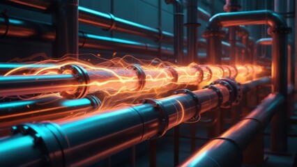 Industrial pipelines with glowing orange energy flowing through them, representing power transmission and advanced technological processes. Concept of energy transfer and industrial innovation
