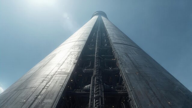 A towering, futuristic skyscraper or antenna seen from a low-angle perspective, emphasizing its immense height and complex, possibly industrial or scientific, design against a bright sky.