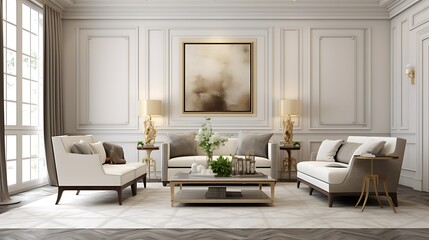 Neutral-toned modern classic bedroom with polished gray marble flooring, cream drapes, and classical molding details,