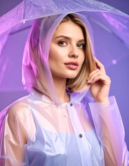 Woman Wearing Raincoat Under Umbrella Posing in Studio
