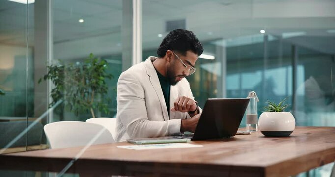 Man, laptop and check watch at office, waiting and stress for interview, schedule and typing at job. Person, human resources manager and time with late candidate, computer and recruitment at agency