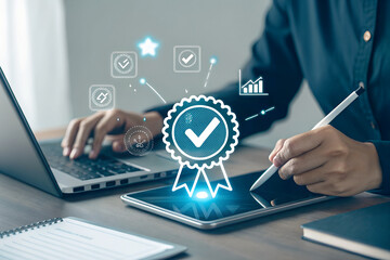 Quality Certification Badge with Checkmark – Business Professional Working on Verified Standards and Excellence