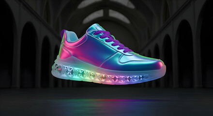 Iridescent sneaker with purple laces and a rainbow sole floating in a dark gothic architecture space