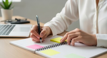 A woman is writing in a notebook with sticky notes, planning and organizing tasks in a bright office setting