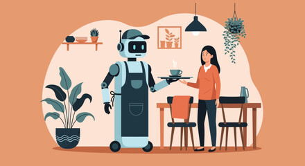 Robot Serving Coffee to Woman in Modern Flat Illustration Concept