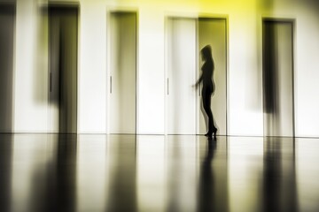 Abstract silhouette of woman with motion blur and doors
