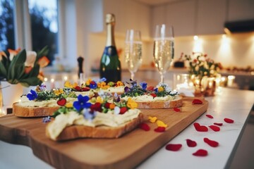 Elegant celebration: sparkling wine and flower-topped canapes in cozy kitchen setting