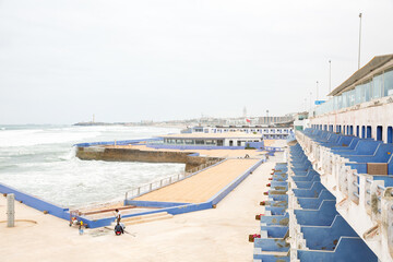 Coastal miya landscape with hotels and ocean waves