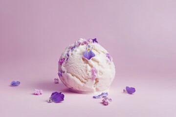 Scoop of ice cream with edible flowers on pastel background for dessert art and summer treats