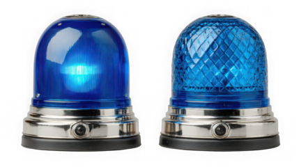 Two blue glass emergency lamps with metallic bases, designed for safety signaling and adding a touch of industrial style isolated on transparent background