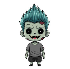 Cute infected zombie boy with turquoise green hair and sharp yellow teeth - isolated white background chibi illustration