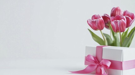 Elegant gift box with pink ribbon and tulips for special occasions