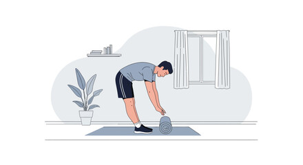 Man Rolling Up Yoga Mat After Workout At Home Studio Training Routine