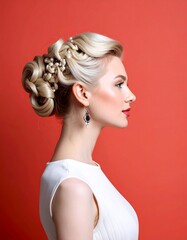 Woman with Elegant Hairstyle in Profile Against Red Background