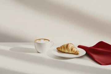Minimalist breakfast scene with croissant, cappuccino, and red napkin in sunlit setting