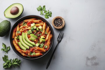 Delicious penne pasta with avocado and tomatoes on a rustic table