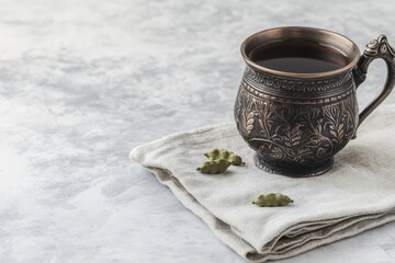 Ornate copper mug with coffee on linen napkin against minimalist marble background