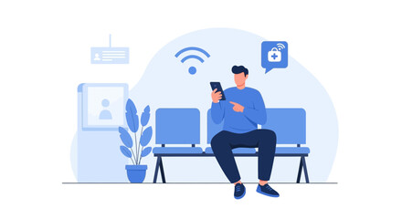 Man Using Mobile Phone In Hospital Waiting Room Enjoying Free Wifi