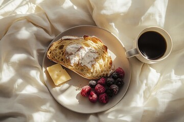 Morning bliss: pastry and coffee with fresh berries and cheese on cozy linen