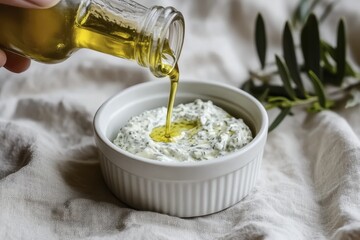 Pouring olive oil over fresh tzatziki sauce in a white bowl on a rustic background