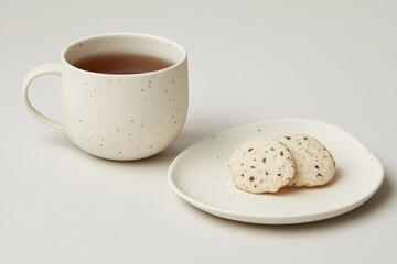Minimalist ceramic cup with herbal tea and two chocolate chip cookies on a plate