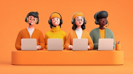 Visuals representing customer service and support, including headsets, customer interaction, and help desks