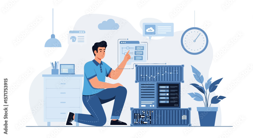 Poster engineer configuring cloud servers representing data centers and networking