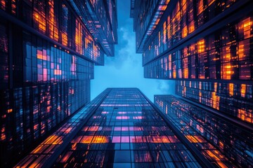 Looking up at towering skyscrapers illuminated with warm light against a cool, blue sky creating a dynamic perspective.