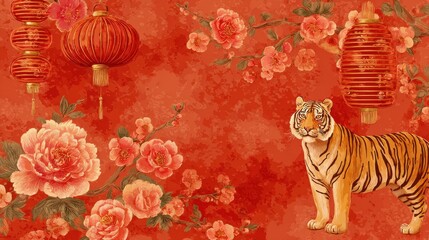 Chinese new year 2022 year of the tiger watercolor background vector. Cute tiger and Chinese lamp, flower on oriental festive red watercolor theme background., no logos, no brands