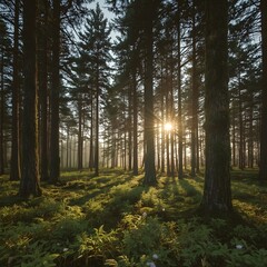 Fototapeta premium High-resolution nature scene featuring a tranquil forest at sunrise, with sunlight filtering through tall trees, casting a golden glow on the lush moss and ferns, creating a serene and peaceful atmosp