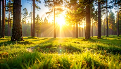 Sunlight Shining Through the Forest in the Morning