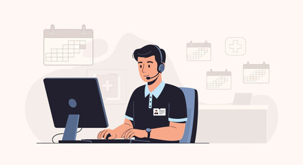 Medical Appointment Scheduling With Male Employee Working At Computer