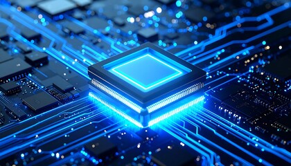 Close-up of glowing chip on circuit board