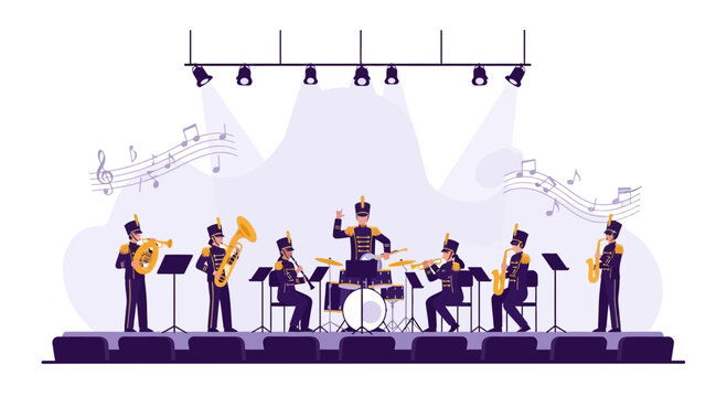 Ensemble Of Musicians Performing On Stage With Various Instruments Vector Design