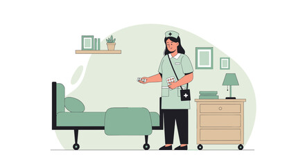 Caring Nurse Preparing Medication For Patient At Hospital Room In Illustration