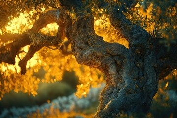 Sunlight shines through the foliage of an ancient olive tree, its gnarled trunk telling tales.
