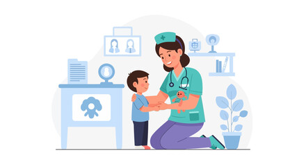 Naklejka premium Caring Pediatric Nurse Giving Comfort To A Child During Consultation In Clinic