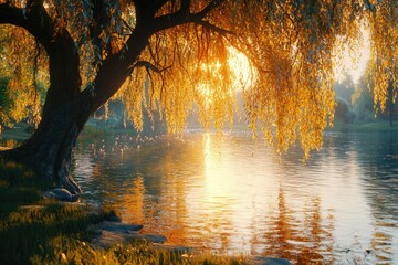Golden sunlight pierces through a weeping willow's branches, casting a shimmering reflection on the tranquil waters of a serene lake.