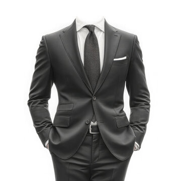 A headless male model showcases a sharp, dark gray business suit, complete with a crisp white shirt and a subtly patterned dark tie, set against a clean transparent background