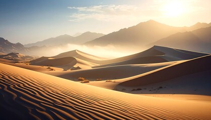 Sand Dunes Landscape with Golden Light and Distant Mountains