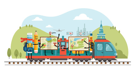 Naklejka premium Cartoon Journey With Station Characters Planning Destination Using Maps On A Train