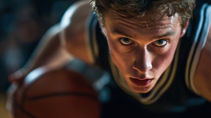 Close-up candid portrait of a high school basketball player dribbling the ball down the court, their face determined as they prepare for a fast break