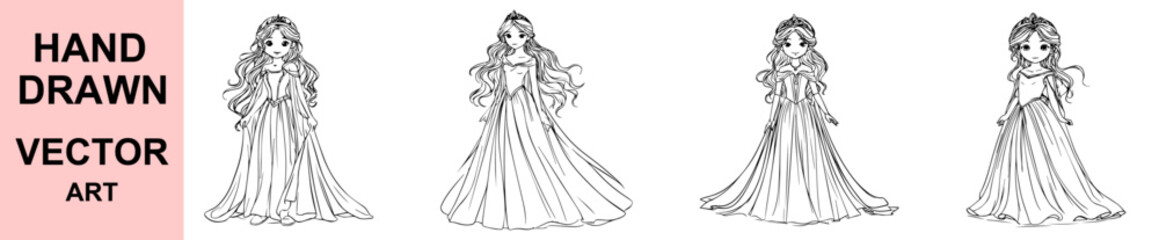 Elegant hand drawn princess in royal dress and tiara, cute fantasy girl character illustration, black and white cartoon vector art for fairytale themes. © Faiza's World