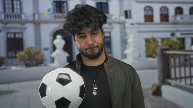 Young bearded hispanic man outdoors holding soccer ball gesturing frustration in front of building with flags in background showing possible urban setting.