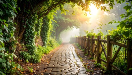 Walking Path Through Foggy Green Forest with Sunlight