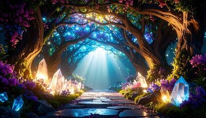 Walking on Stone Path Through Enchanted Forest with Crystals and Sunlight
